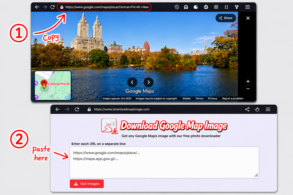 How to download Google Maps images on desktop – copy URL from browser address bar and paste into downloadmapimage.com