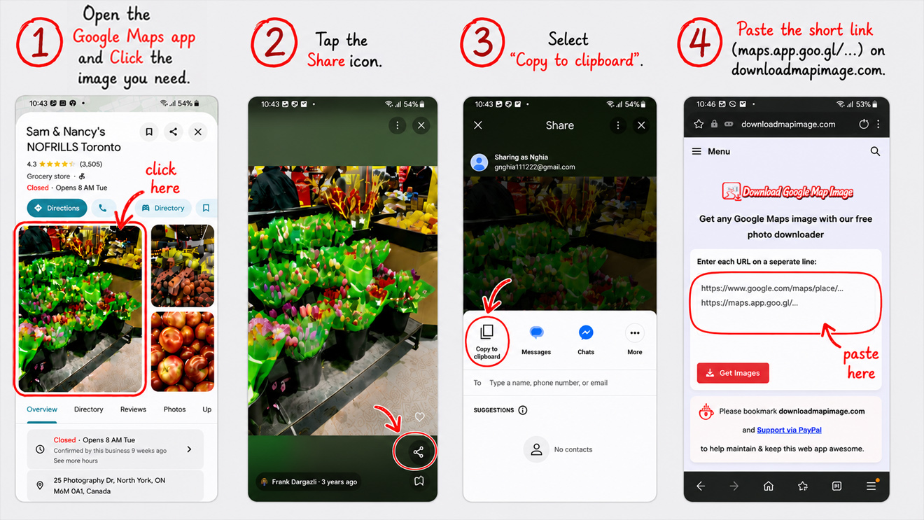 How to download Google Maps images on mobile – share link from Google Maps app and paste into downloadmapimage.com