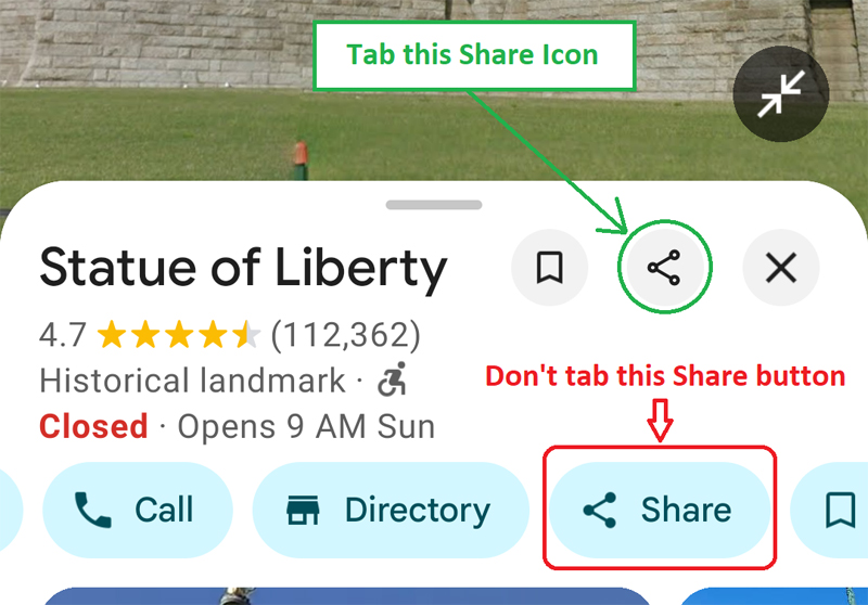 Tab the share icon, do not tab the share icon of Google Maps app
