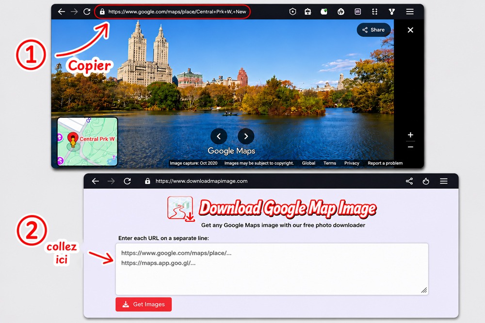 Enregistrer une image Google Maps sur ordinateur : copiez le lien de la barre d'adresse et collez-le sur downloadmapimage.com