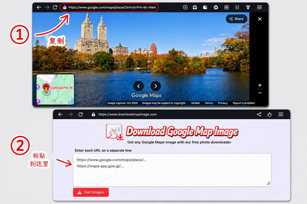 在电脑上下载谷歌地图照片：复制地址栏中的链接，粘贴到 downloadmapimage.com
