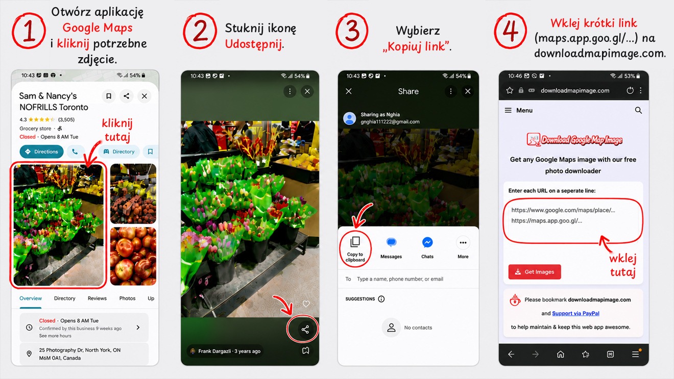 Jak pobrać zdjęcie z Google Maps na telefonie: udostępnij link w aplikacji Google Maps i wklej go na downloadmapimage.com