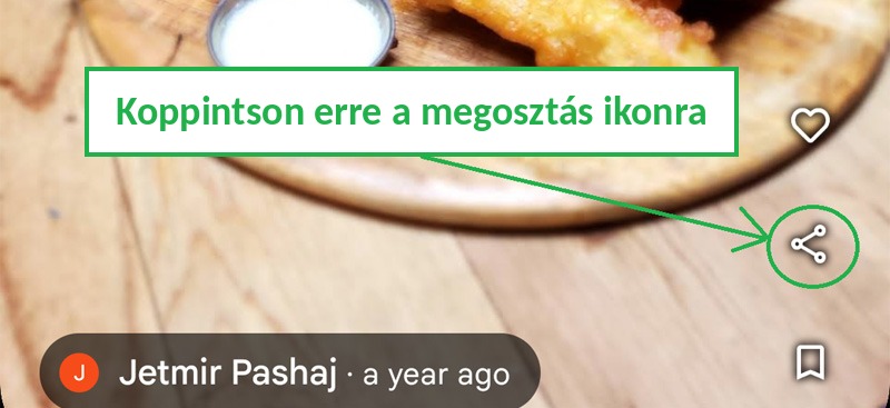 Normál fotónál koppintson a fotón lévő Megosztás ikonra a Google Térkép alkalmazásban