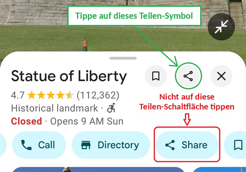 In der Google Maps App auf das Teilen-Symbol tippen, nicht auf die Teilen-Schaltfläche