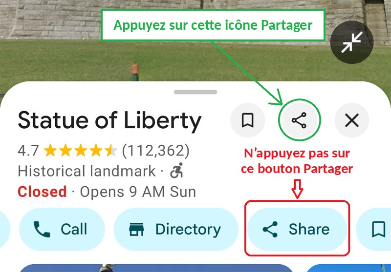 Appuyez sur l'icône Partager et non sur le bouton Partager dans l'application Google Maps