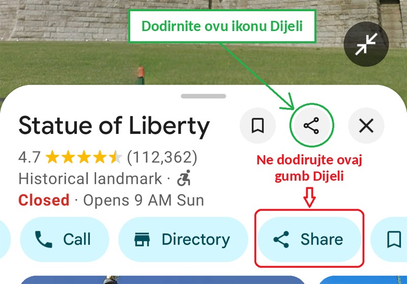 U aplikaciji Google karte dodirnite ikonu Dijeli, a ne gumb Dijeli