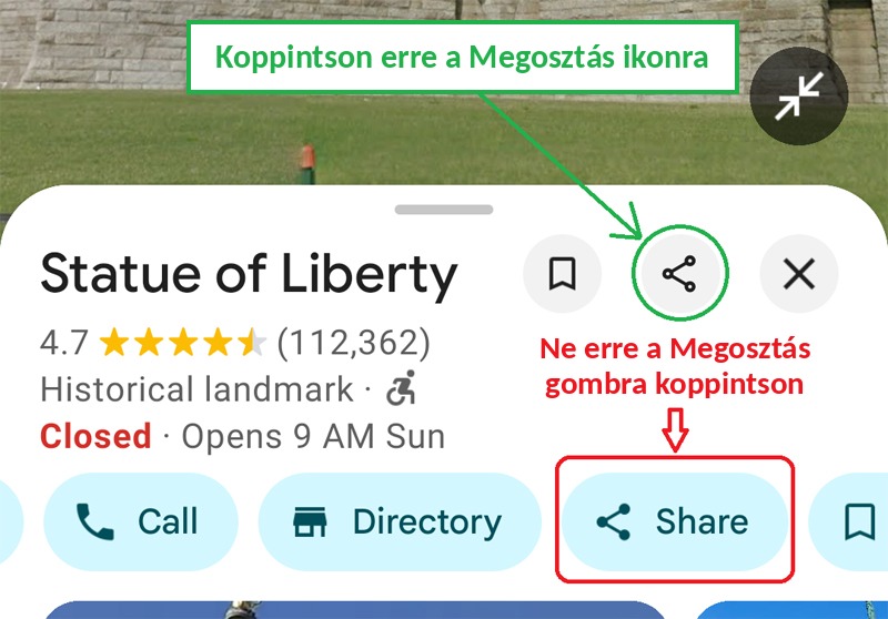 A Google Térkép alkalmazásban a Megosztás ikonra koppintson, ne a Megosztás gombra