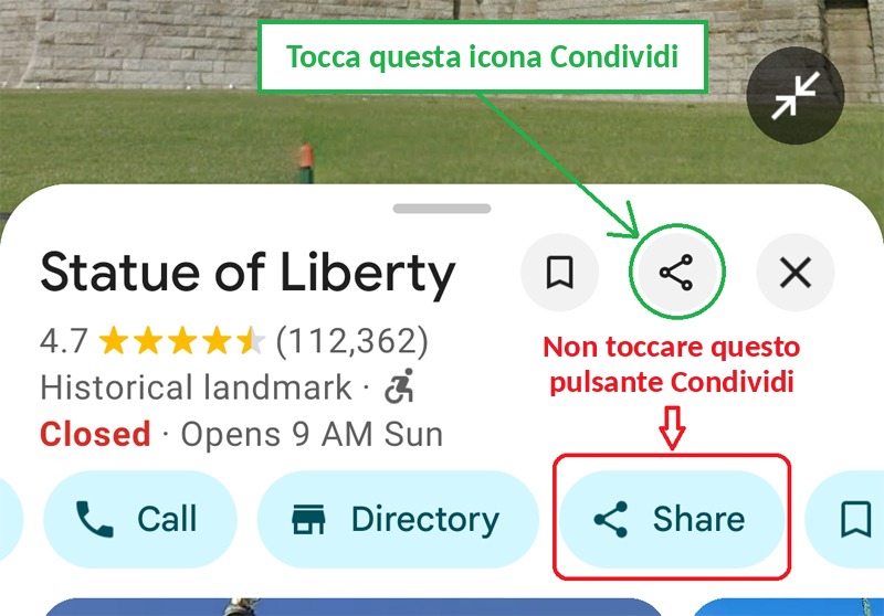 Nell'app Google Maps tocca l'icona Condividi, non il pulsante Condividi