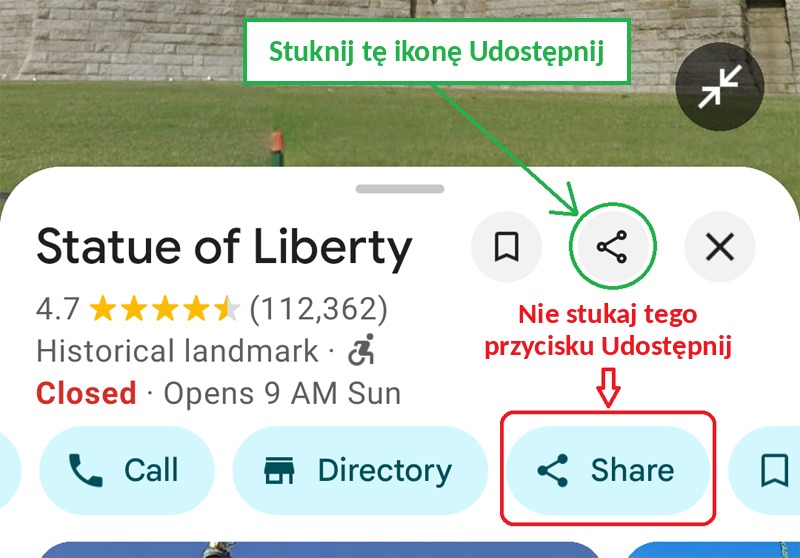 W aplikacji Google Maps stuknij ikonę Udostępnij, a nie przycisk Udostępnij