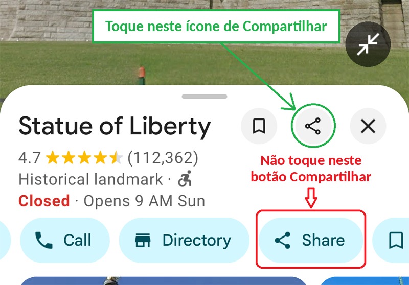 Toque no ícone de Compartilhar, não no botão Compartilhar, no app do Google Maps