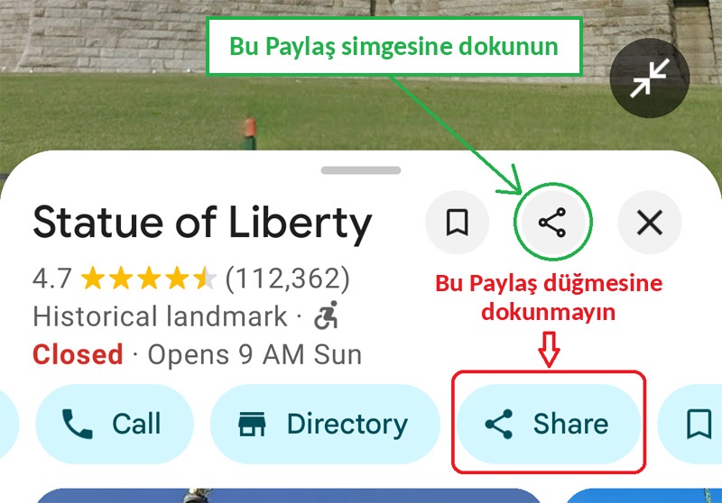 Google Haritalar uygulamasında Paylaş düğmesine değil, Paylaş simgesine dokunun