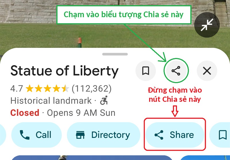 Chạm vào biểu tượng Chia sẻ, không chạm vào nút Chia sẻ trong ứng dụng Google Maps